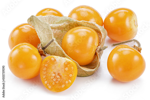 Ripe physalis or golden berry fruits in calyx isolated on white background.