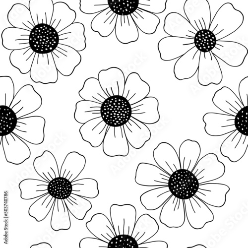 Vector seamless pattern with black flowers on white background. For wallpapers, decoration and invitation card, fabric print or textile, linen, web page background, gift and wrapping paper.
