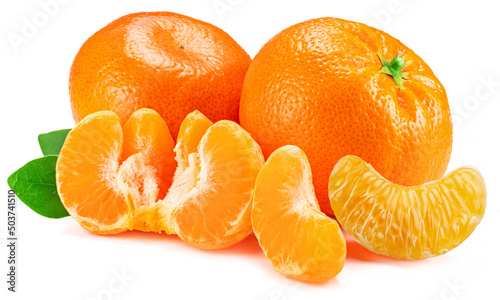 Quadro em tela Ripe tangerine fruits with leaf and mandarin slices on white background