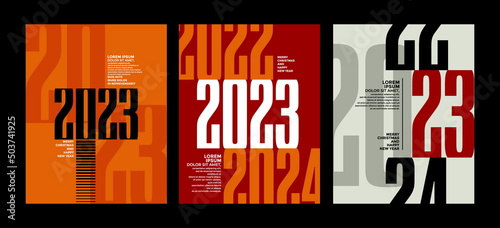 2023 Colorful set of Happy New Year posters. Abstract design with typography style. Vector logo 2023 for celebration and season decoration, backgrounds for branding, banner, cover, poster and more.