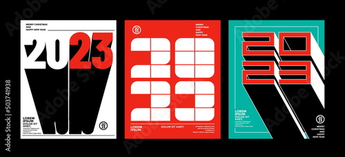 2023 Colorful set of Happy New Year posters. Abstract design with typography style. Vector logo 2023 for celebration and season decoration, backgrounds for branding, banner, cover, poster and more.