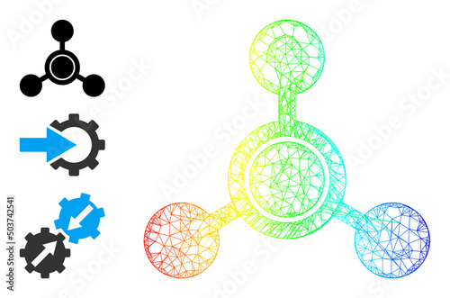 Spectral colorful crossing mesh methane molecule. Wire carcass flat net abstract image based on methane molecule icon, made from intersected lines. Colored net mesh icon.