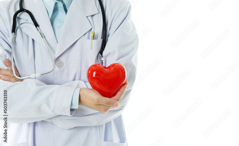 Close up of doctor hands with heart against white background