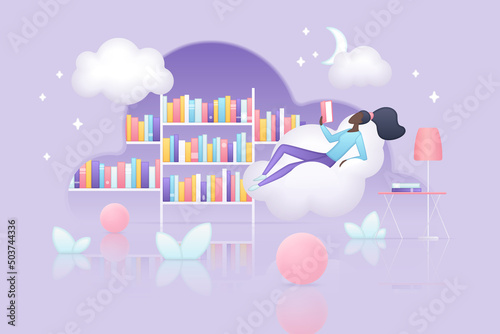 Digital library, bookstore and online education. Tiny woman lying on flying cloud near bookshelves, girl student reading paper book flat vector illustration. Self development, literature concept
