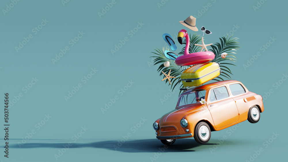 Funny orange retro car with summer vacation accessory on green background 3D Rendering, 3D Illustration - obrazy, fototapety, plakaty 