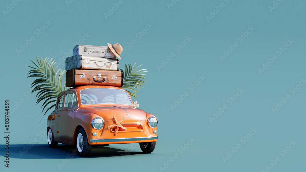 Orange retro car with luggage on roof ready for travel 3D 3D Stock-foto | Adobe Stock
