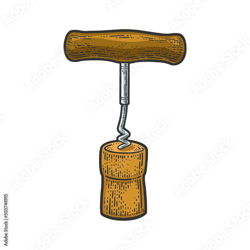corkscrew and cork color sketch engraving vector illustration. T-shirt apparel print design. Scratch board imitation. Black and white hand drawn image.