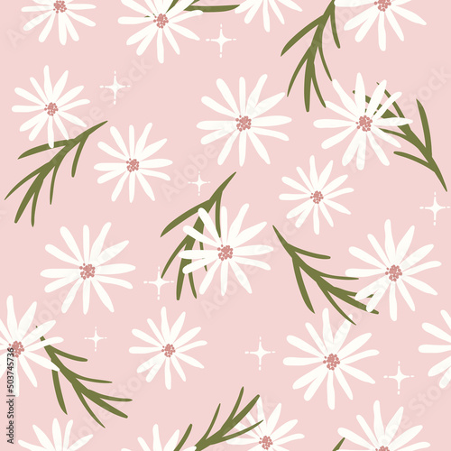 trendy floral pattern. endless daisy print. chamomile on a pink background with twigs. Hand-drawn botanical repeated background