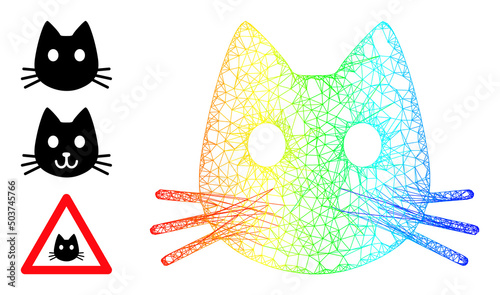 Rainbow colorful wire frame cat head. Hatched frame flat network geometric symbol based on cat head icon, created with intersected lines. Colored wire frame icon.