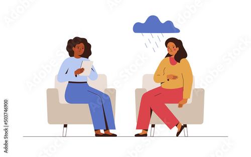 Pregnant woman in depression receives support from counselor. Mental health Therapy session in doctor's office. Psychologist has an individual meeting with young mother. Vector illustration