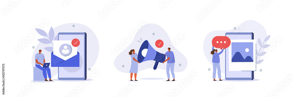 Social media and email promotion illustration set. Characters integrating with social media platform and planning marketing strategy. Business and marketing concept. Vector illustration. - obrazy, fototapety, plakaty 