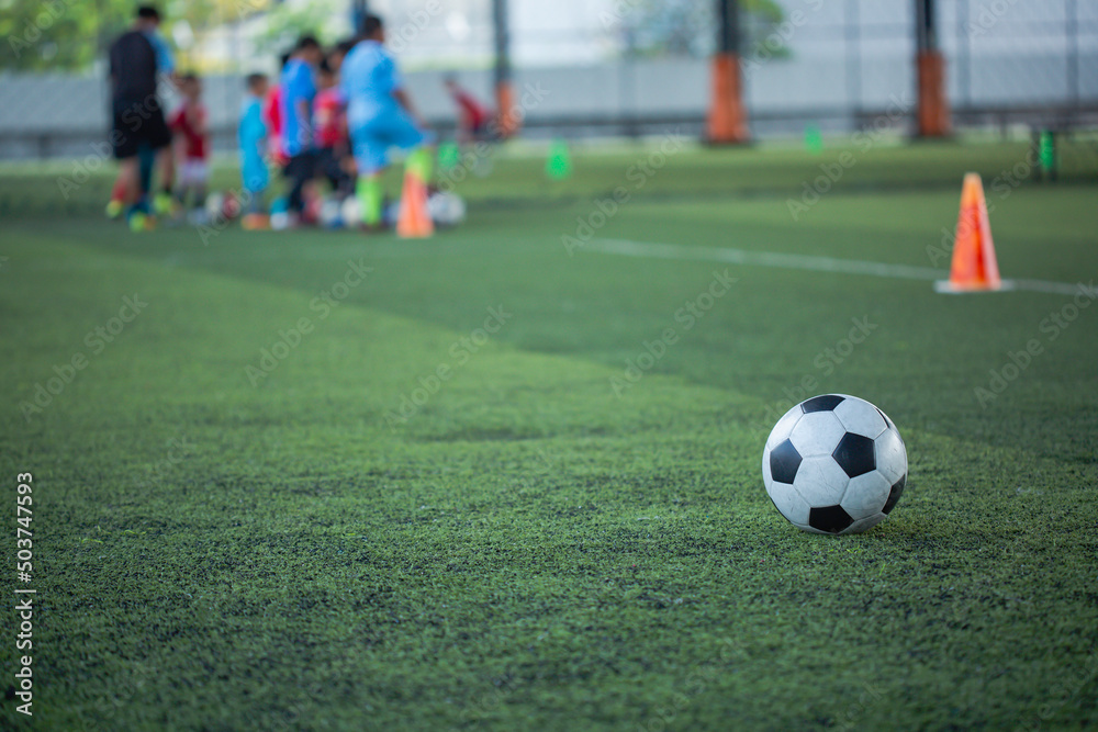 Soccer ball tactics cone on grass field with for training Soccer ball tactics cone on grass field with for training