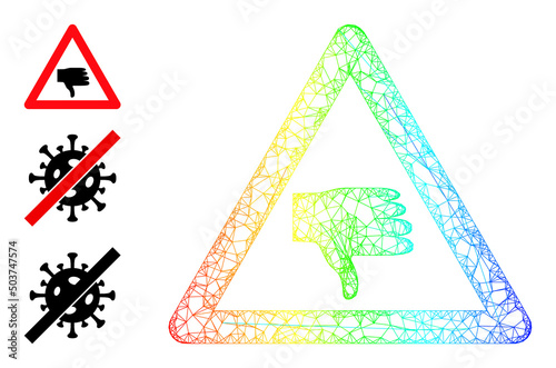 Spectrum vibrant network thumb down warning. Crossed frame 2d network geometric symbol based on thumb down warning icon, is created from crossed lines. Colorful network icon.