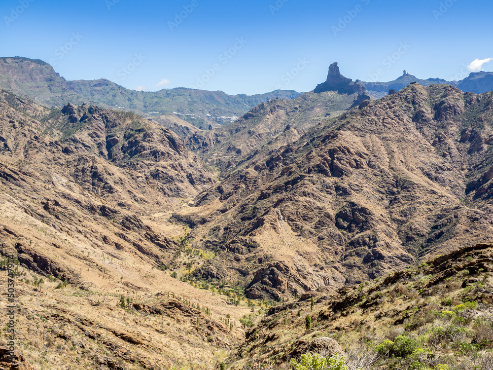 Views of roque Nublo and Roque Bentayga from Acusa Seca caves in Grand Canary island, Spain.