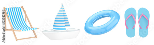 Set of summer icons. Beach chair, inflatable ring, flip flop, spoon with sail. 3d illustration.