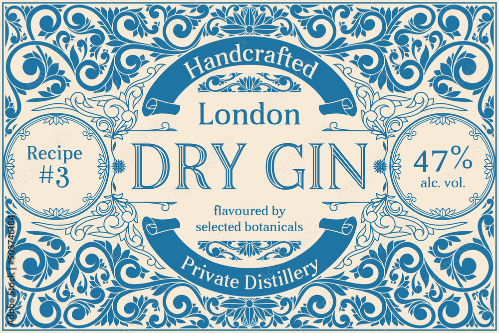 Dry gin - monochrome ornate vintage decorative label