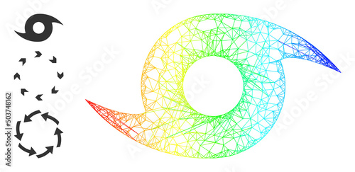 Rainbow vibrant net mesh storm whirlpool. Crossed carcass flat network abstract symbol based on storm whirlpool icon, is created from crossing lines. Colored crossing mesh icon.