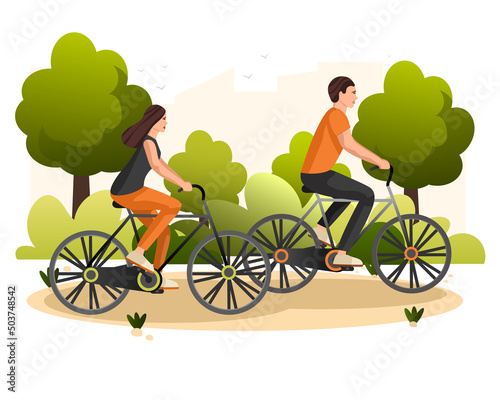 Long brown hair young man and woman on bicycles riding street, park, outside. Sport active lifestyle couple cycling, People ride highway bikes. Cartoon character do sport activity. Vector illustration