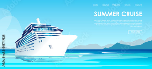 White cruise ship, liner, boat swim at South sea, Pacific, Atlantic ocean. Travel agency, booking voyage tickets concept. Calm good weather day marine, nature landscape, scenery. Vector illustration