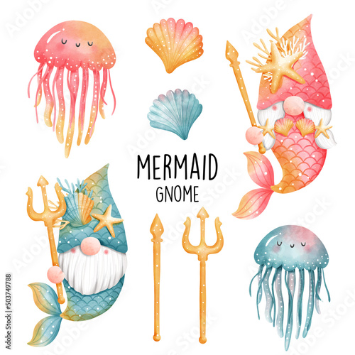 Watercolor gnome mermaid, ocean. Vector illustration