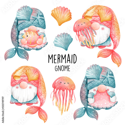 Watercolor gnome mermaid, ocean. Vector illustration