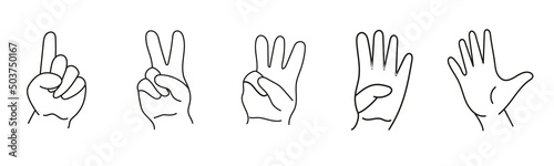 Children's hands.A set of drawings showing fingers from 1 to 5. Black line hands on a white background. Numbers study for children.