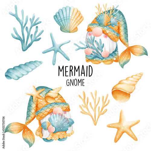 Watercolor gnome mermaid, ocean. Vector illustration