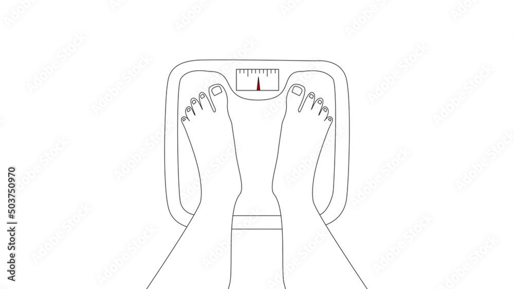 Motion animation outline drawing self-drawn scales, fat male legs appear, and the scales show a lot of weight, the words World Obesity Day appear Motion animation outline drawing self-drawn scales, fat male legs appear, and the scales show a lot of weight, the words World Obesity Day appear