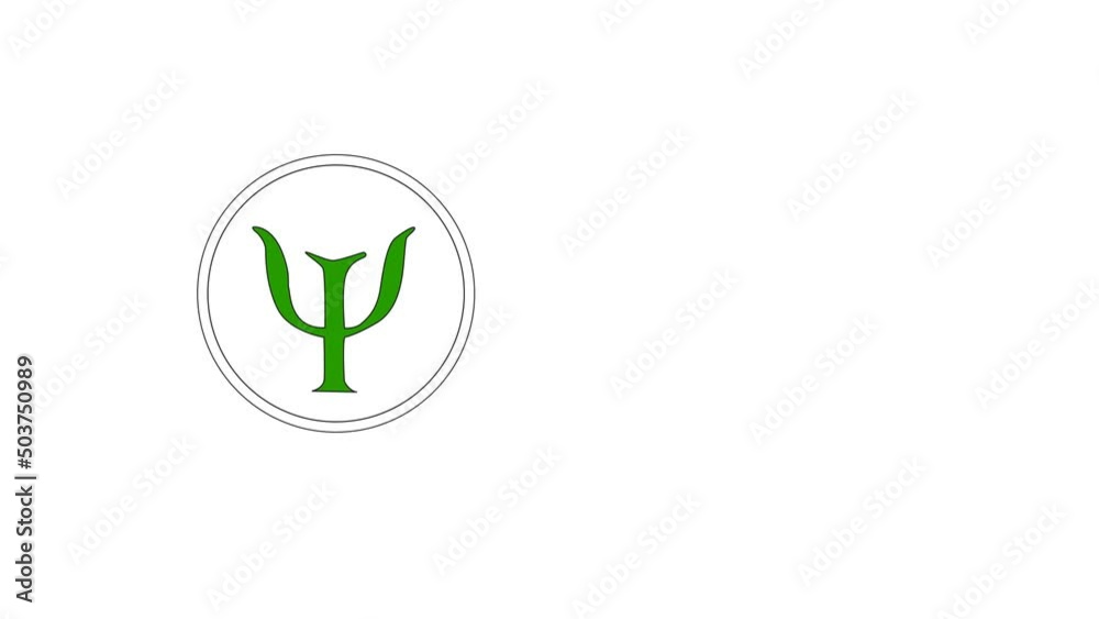 Motion graphic animation of a drawn greek symbol of psychology and a green circle shifts to the left copy space for text on a white background