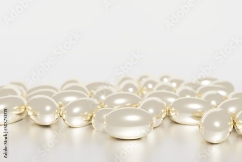 3d render of shiny gold glossy capsules with vitaminsl or beauty serum for your project