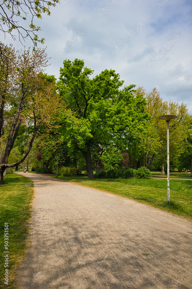 Weg mit Laterne im Park Palmengarten, Leipzig, Deutschland