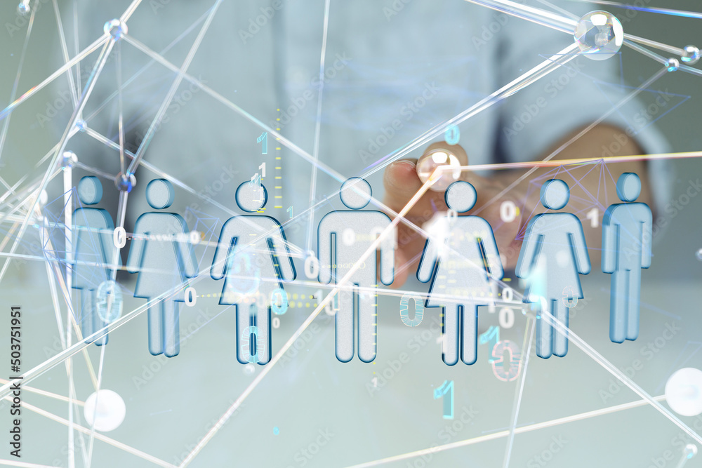 holding 3D rendering group of blue people