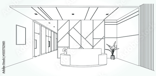 interior outline sketch drawing perspective of a space office.Workplaces . Tables, chairs and windows. Vector illustration in a sketch style.