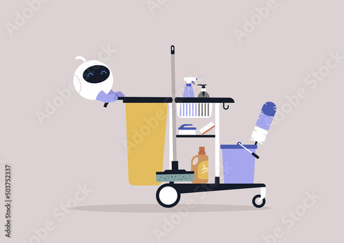 A cute round robot rolling a hotel cleaning service cart