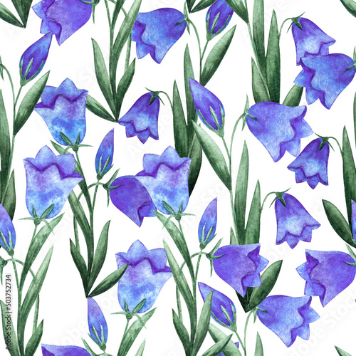Watercolor hand drawn seamless summer floral pattern with many bluish purple violet bluebell flowers on white background. Aquarelle ornament with wild flowers.