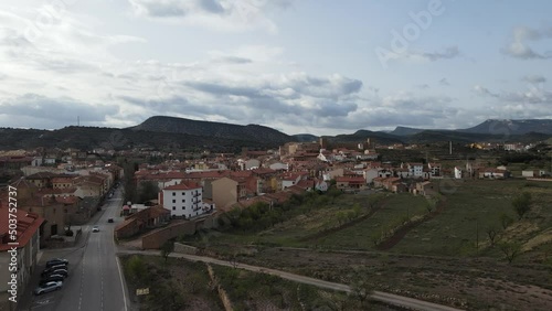 Aerial views from Mora de Rubielos, Teruel, Aragón, Spain. Drone views from Mora de Rubielo's Town on the sunset.