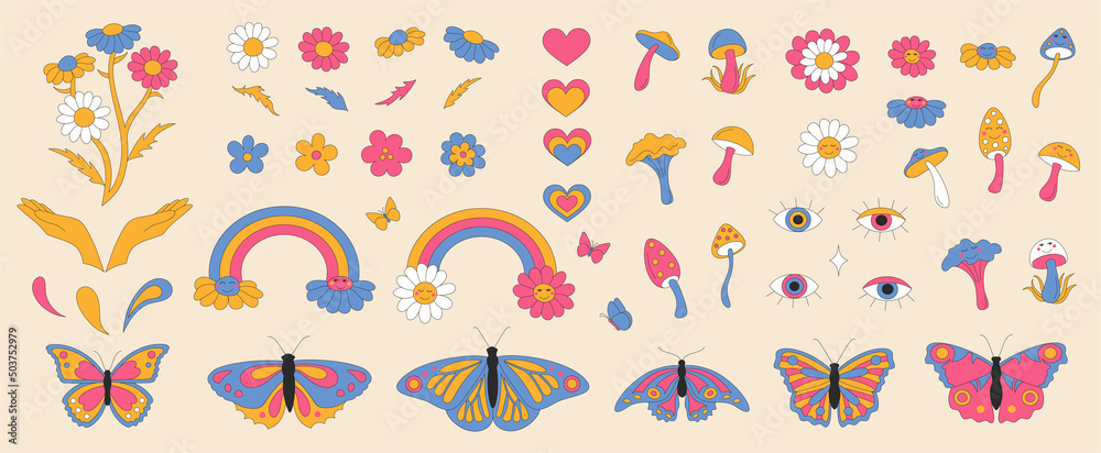 Set with retro elements. Daisies with smiles and sparkles. Summer simple minimalist flowers. 70 s style plants. Rainbow and eyes. Mushroom and butterfly. Colorful background. Vector illustration.