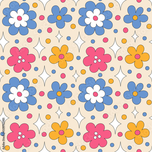 Seamless pattern with retro flowers and sparkles. Summer simple minimalist flower. 70 s style plants. Yellow spring daisy. Colorful background. Vector illustration photo