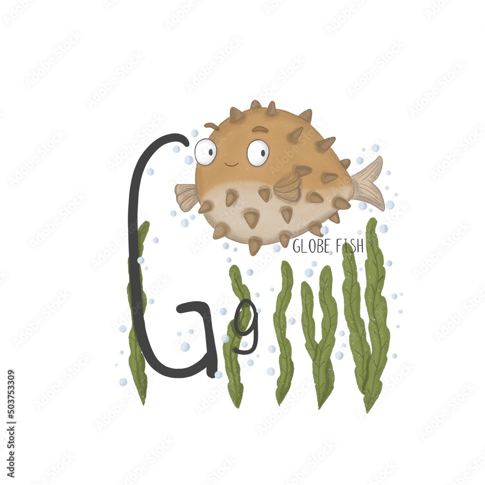 Alphabet brown cute fish ball next to green algae and the letter G ...