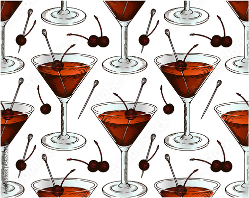  Sketch hand drawn pattern of Manhattan cocktail in glass with brandied cherry isolated on white background. Line art drawing alcohol drink. Bar menu. Vintage beverage wallpaper. Vector illustration.