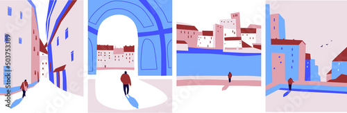 Urban landscape drawing vector. Simple and cozy street, cafe, people, house. Abstract architecture four banner. Cartoon vector buildings illustration.Trendy homes with windows, roof and people.