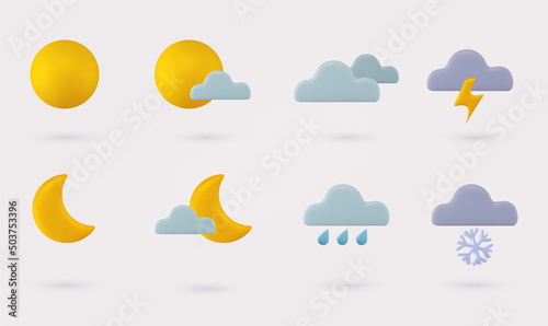 Set of 3d render meteorology icons. Weather cute realistic icon set.