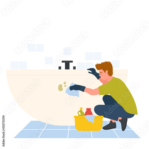 Man cleaning bathroom bathtub. House chores, housekeeping service, home hygiene vector illustration