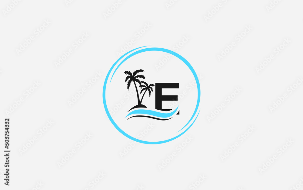 Nature water wave and beach tree vector art logo design with the letter and alphabet E Nature water wave and beach tree vector art logo design with the letter and alphabet E