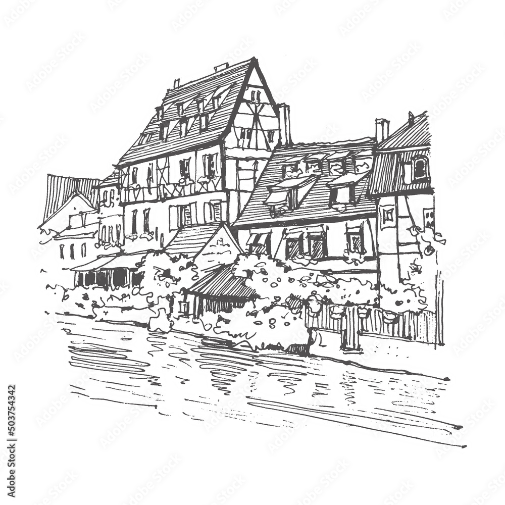 Travel sketch of Colmar, France. Hand drawing of the old town and the bridge. French houses line art. Hand drawn travel postcard. Urban sketch in black color isolated on a white background.