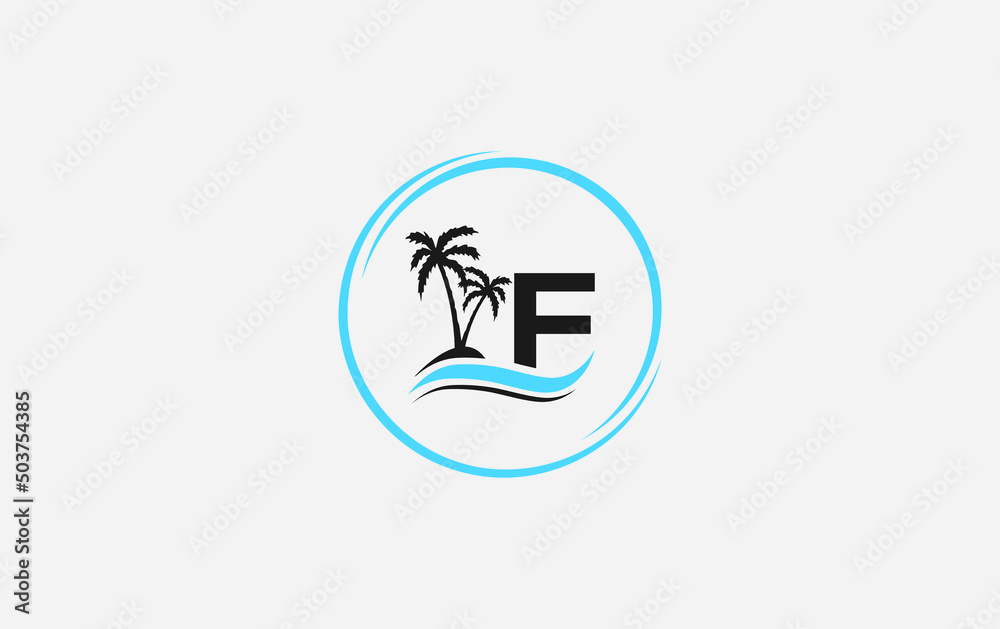 Nature water wave and beach tree vector art logo design with the letter and alphabet F Nature water wave and beach tree vector art logo design with the letter and alphabet F
