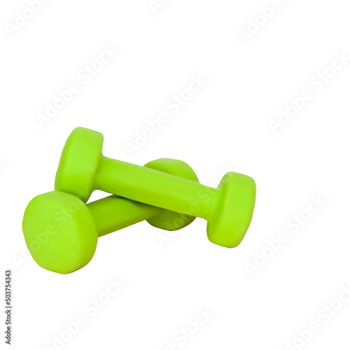 Green dumbbells for sports on a white isolated background. Sports, sports nutrition, healthy eating, diet. Space for text.