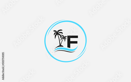 Nature water wave and beach tree vector art logo design with the letter and alphabet F