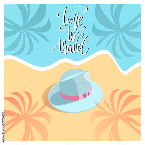 Vector illustration with beach and sea and hat with ribbon in flat technique and lettering 