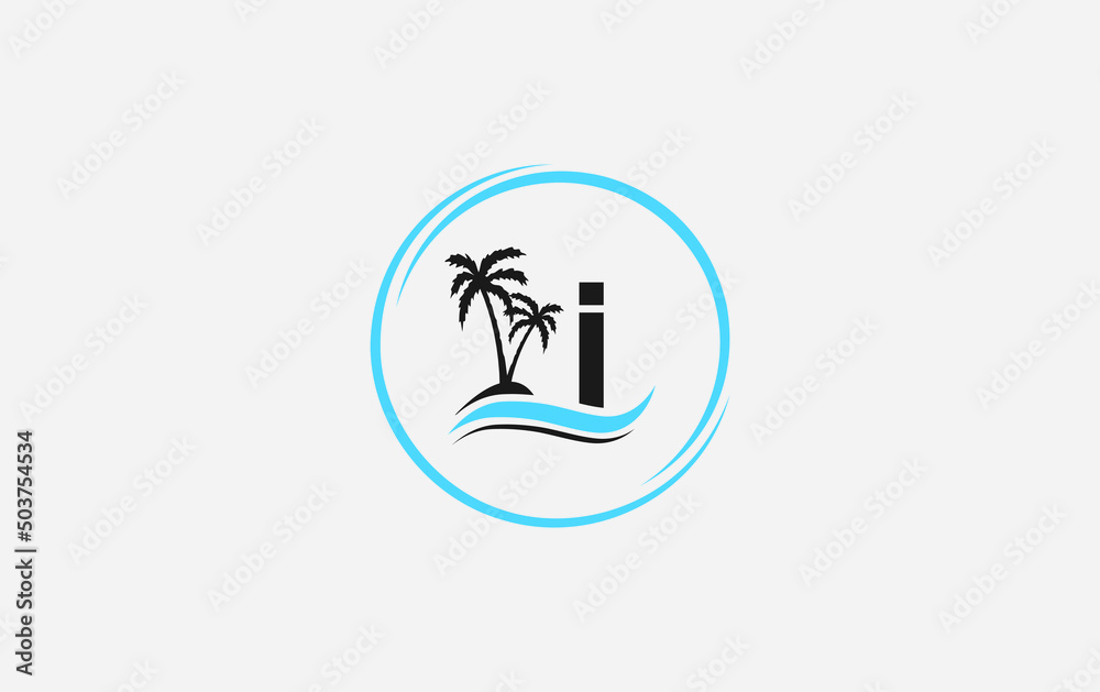 Nature water wave and beach tree vector art logo design with the letter and alphabet I